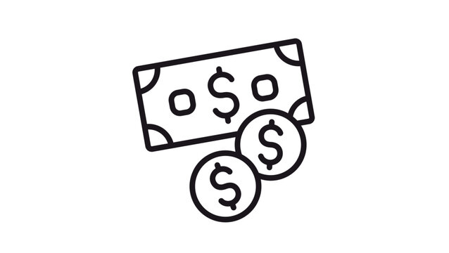 Minimalist black line art vector icon illustration of a dollar bill banknote and two dollar coins, symbolizing money, cash, currency, financial transactions, and payment methods.