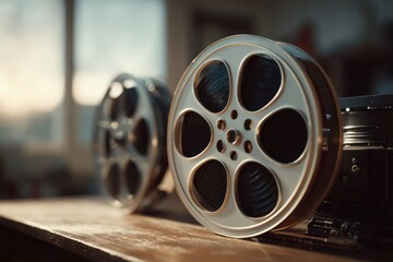 Obraz premium Retro movie film reels on surface