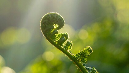 Naklejka premium Botanical Detail: A close-up of a fern frond unfolding, sharp focus on texture, soft backlight, organic shapes.