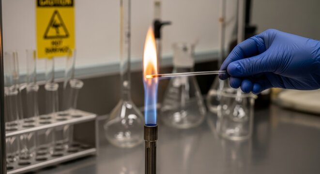 Bunsen burner flame heating glass rod in lab