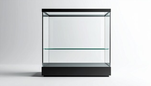 Transparent glass display case with dark base, minimalist design emphasizing clarity, reflection, and modern exhibition aesthetics.