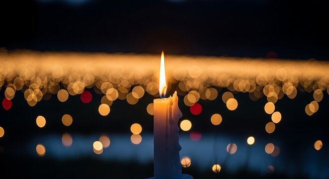 Close-up of a lit candle against a blurred background of many lights