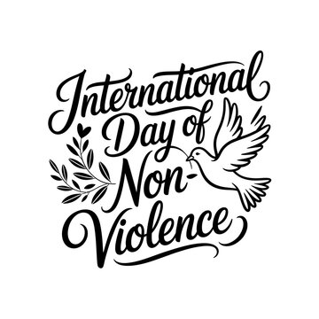 International day of non violence lettering with dove bird and olive branch.