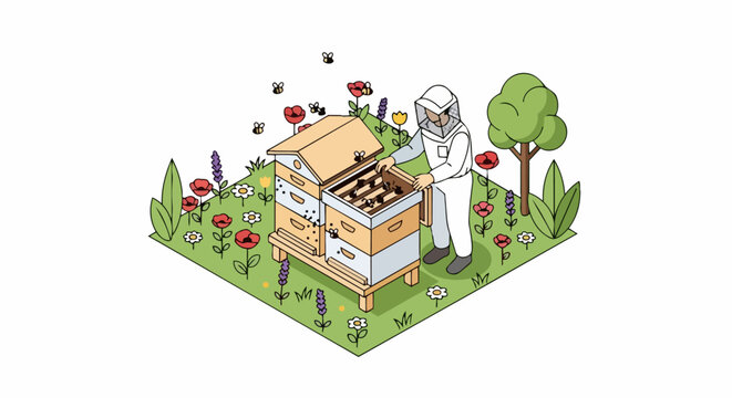 Isometric Beekeeper with Beehives in Flower Meadow Garden - Honey Production and Apiculture Illustration