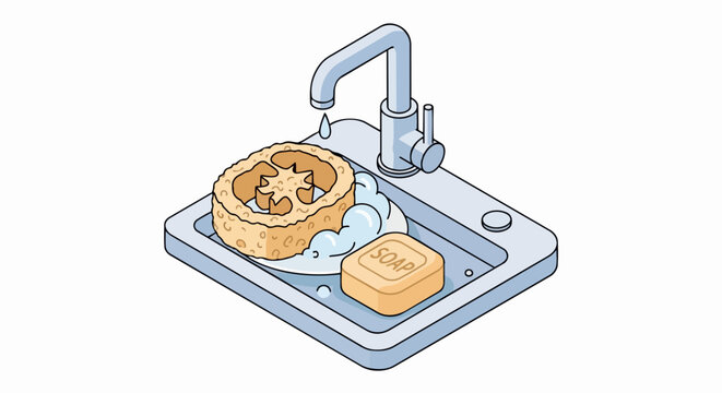 Isometric Bathroom Sink with Natural Loofah and Soap Bar Illustration