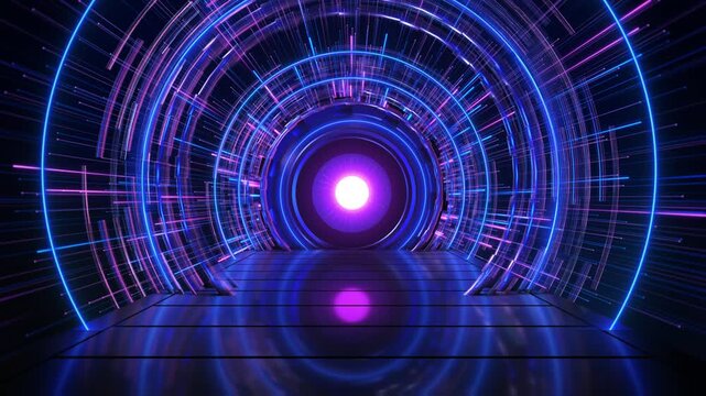 Circular platform purple gradient blue background, product display stage black color neon product mockup room mockup, Stage Lights Backdrop. lights backdrop shine light violet particle glittering 3D