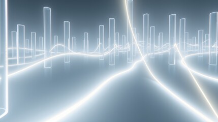 Fototapeta premium Abstract cityscape. Glowing lines form buildings, curves suggest movement. Cool blue tones dominate scene. Minimalist design. Futuristic aesthetic.