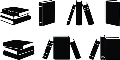 Book silhouettes arrangement, stacked closed books, upright leaning volumes, reading icons, literature design, education concept, publishing illustration, knowledge symbol, library resource © Habiba