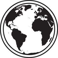 Obraz premium Black and white globe with doublelined circular border showing Americas Africa Europe world map icon