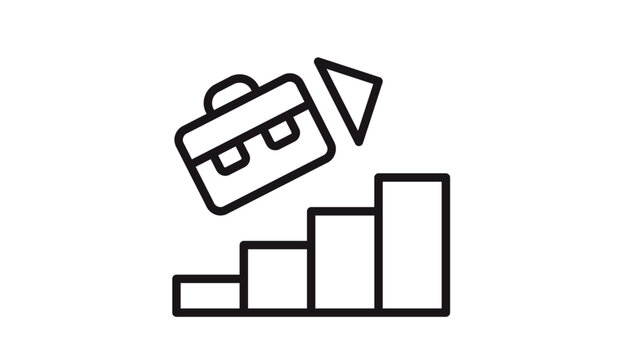 Briefcase flying above a rising bar chart with an upward arrow, representing career growth, business success, and professional advancement, minimalist black line vector icon illustration.