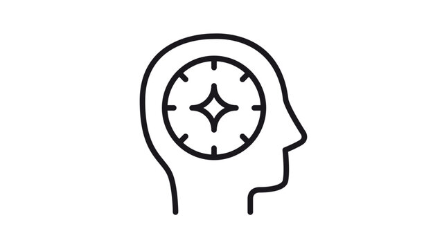 Minimalist vector icon illustration of a human head profile with a sparkling star inside a circular dial, representing mental clarity, inspiration, creative ideas, and psychological focus.