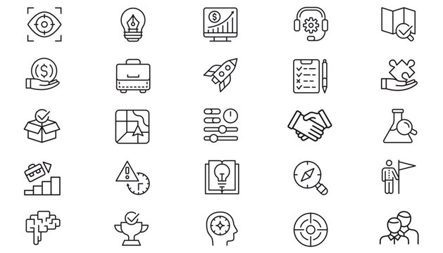 25 Minimalist Black Vector Icon Set Collection for Business, Technology, Finance, and Marketing. Includes Startup Rocket, Growth Chart, Security, Support, Education, Science, and Success Symbols.