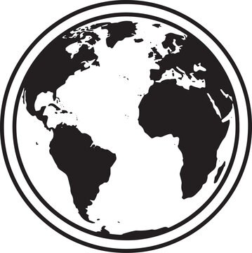 Black and white globe with doublelined circular border showing Americas Africa Europe  world map icon