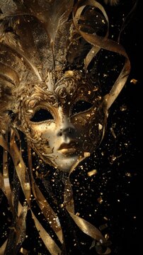 Ornate golden Venetian carnival mask with feathers and ribbons on black background
