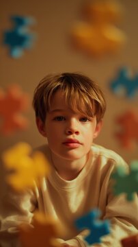 Young boy with thoughtful expression surrounded by colorful puzzle pieces autism awareness