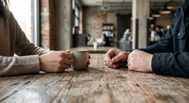 Close up of man and woman hands during a conversation over coffee at a rustic wooden table in an industrial cafe