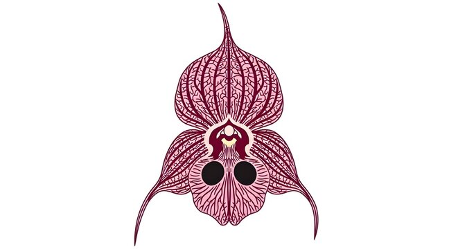 Detailed illustration of the rare Dracula simia, popularly known as the Monkey Face Orchid, found in high-altitude cloud forests.