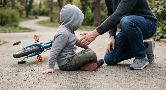 Side view of father comforting child after falling from bicycle in a park