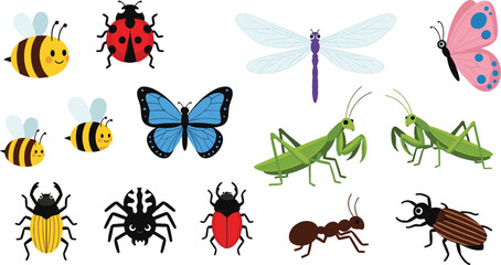 Collection of insects including butterfly bee ladybug dragonfly ant and grasshopper, colorful bug set, nature wildlife vector illustration © Prodip