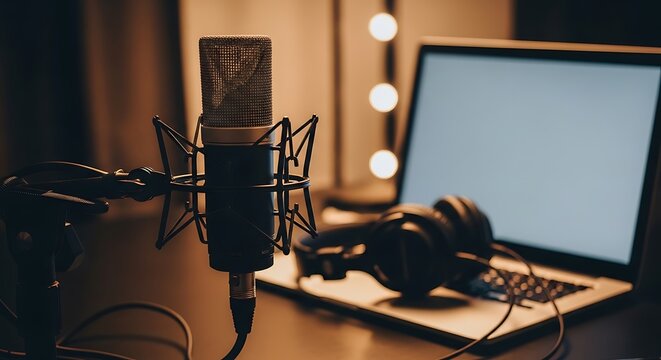 Close-up of recording equipment on a desk, microphone, headphones, and laptop