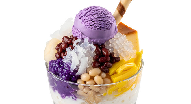 Philippines iced dessert consisting of beans, jellies, sweet pearls, fruit cuts, ube ice cream on top with long wafer stick known as Halo Halo against white background for dessert projects