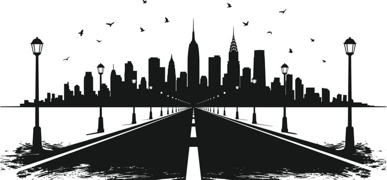New York City skyline silhouette vector illustration with perspective road and streetlights in black and white minimalist graphic travel design