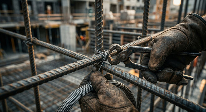 Close up of faceless construction worker hands using pincers to tie steel rebar at building site