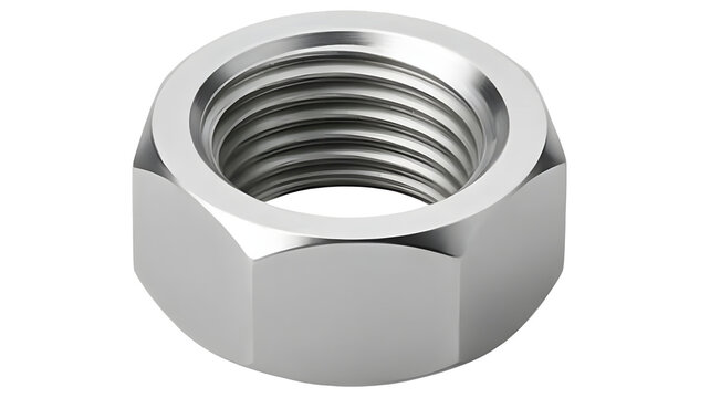 Metal nut, silver hardware, threaded fastener, industrial bolt