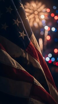 American flag waving proudly during nighttime fireworks celebration display