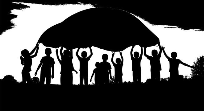 Diverse Group of Kids Playing with Parachute Silhouette, Active Children Jumping and Running in Park Vector, Childhood Joy and Outdoor Physical Education Concept