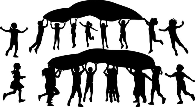 Diverse Group of Kids Playing with Parachute Silhouette, Active Children Jumping and Running in Park Vector, Childhood Joy and Outdoor Physical Education Concept