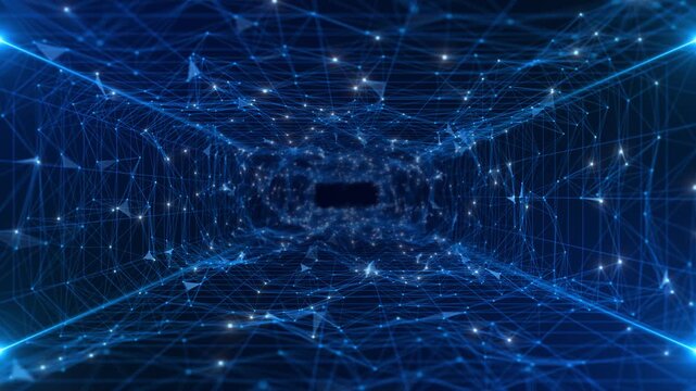 3D 4K Futuristic flight digital plexus line waves, dust particle Smart city big data connection technology Sci fi Skyline lights. Wireless connection internet of things wireframe. High tech style