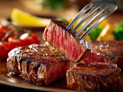 Grilled beef steak on a plate with fork holding a juicy slice
