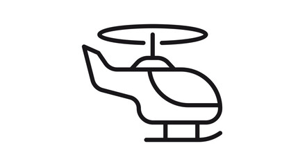 Black line art helicopter vector icon illustration. Minimalist outline of a chopper aircraft with rotor blades and landing skids, isolated on a white background for graphic design and web use. © Ekha