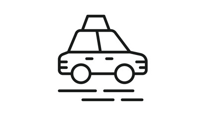 Black line art vector icon of a taxi cab with a roof sign and motion lines, minimalist silhouette illustration of a public transportation vehicle for city travel, urban commuting, and ride-hailing © Ekha