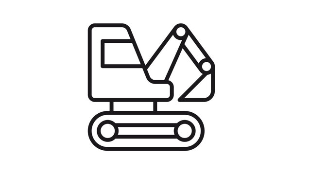 Black line art vector icon illustration of a heavy excavator machine, featuring a detailed cabin, mechanical arm, bucket, and crawler tracks, ideal for construction and industrial design.