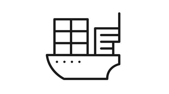 Minimalist black line vector icon of a cargo container ship for shipping and logistics, featuring a freighter silhouette for international trade, maritime transport, and global export delivery.