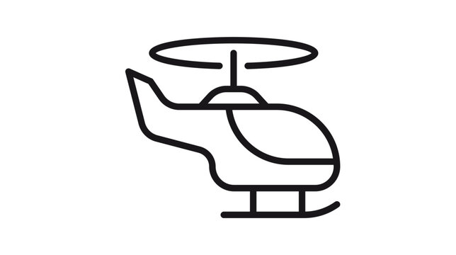 Black line art helicopter vector icon illustration. Minimalist outline of a chopper aircraft with rotor blades and landing skids, isolated on a white background for graphic design and web use.
