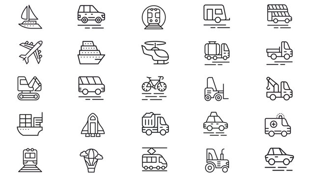 Vector Icon Set Collection of 25 Black Minimalist Line Art Transportation and Vehicle Symbols. Includes Car, Truck, Airplane, Boat, Train, Construction Machinery, Public Transit, and Logistics Icons.