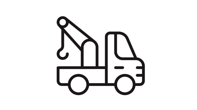 Black Line Art Vector Icon of a Tow Truck or Crane Truck with a Lifting Hook; Minimalist Illustration of a Recovery Vehicle for Breakdown Service, Construction, and Logistics Design.