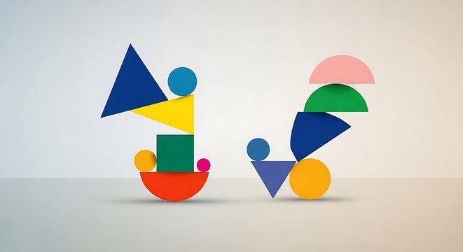Colorful abstract geometric shapes stacked to resemble figures on a gradient background