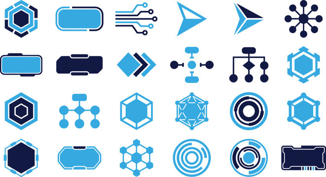 Technical icons and symbols in blue and dark blue for futuristic concepts.