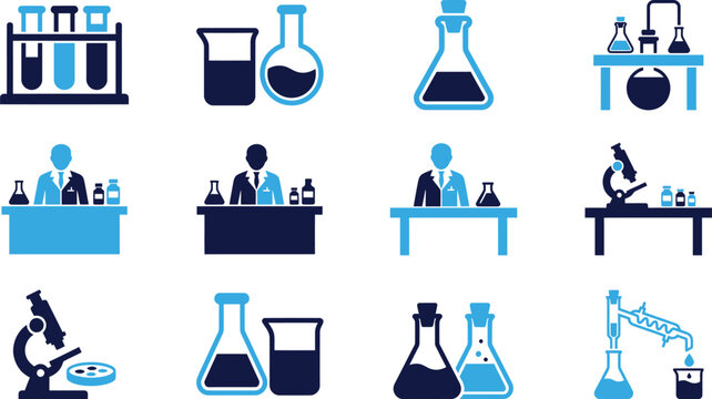Scientific research lab equipment icons for chemistry and biology experiments research.