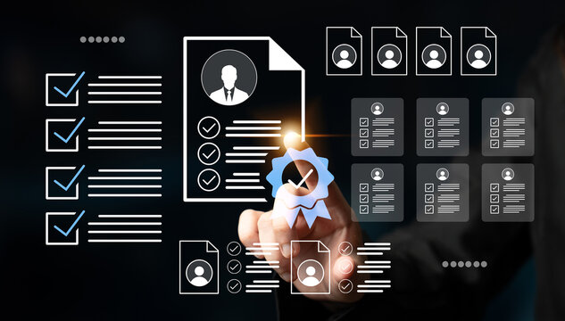 Visual representation of resumes and professional documents alongside checklists and certificates symbolizing employment verification and skills assessment. Gantry