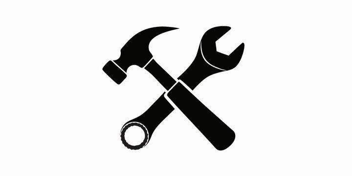 Black silhouette of crossed hammer and wrench construction tool icon with construction maintenance carpentry plumbing hardware equipment handyman industry mechanical craftsman building