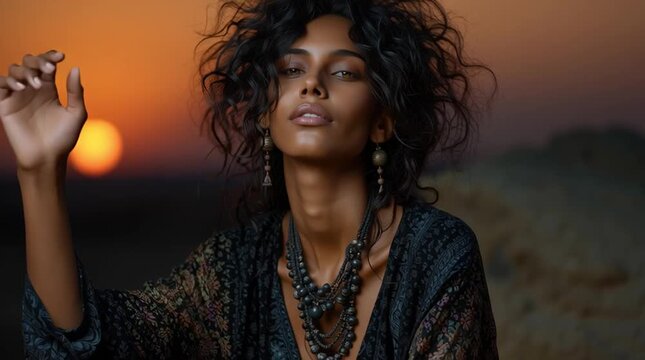 mysterious nomadic woman at golden desert sunset, ethnic desert wanderer portrait in arid sands, enigmatic tribal woman in sahara dunes