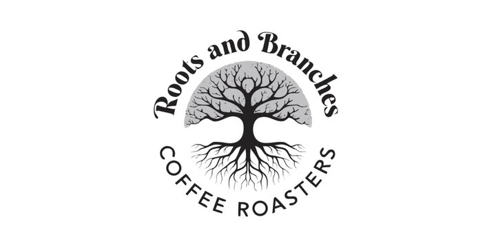 Roots and branches coffee roasters round logo badge with roasters branches beverage illustration business circular caffeine marketing isolated botanical agriculture roasting professional