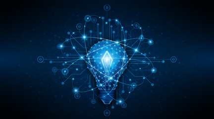 An innovative and creative light bulb concept incorporating advanced smart digital technology. A futuristic light bulb with integrated circuits and data connectivity for business applications. © Natt