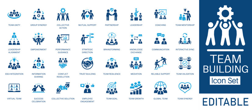 Team Building and Teamwork solid icon set. Featuring leadership, conflict resolution, employee engagement, and brainstorming. Vector icons for HR management and corporate leaders.