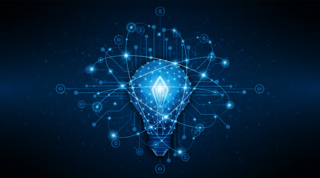 An innovative and creative light bulb concept incorporating advanced smart digital technology. A futuristic light bulb with integrated circuits and data connectivity for business applications.